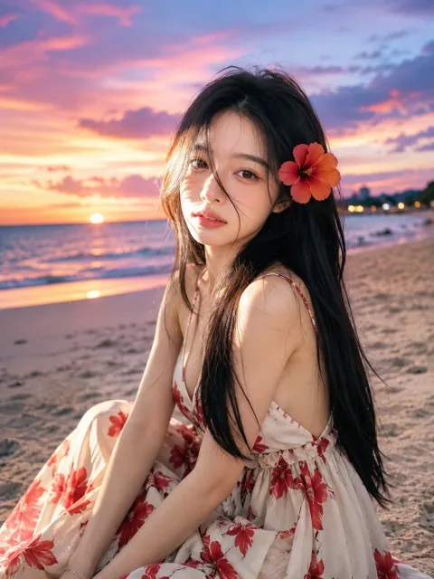 create a ultra-realistic outdoor portrait of a young woman sitting gracefully on